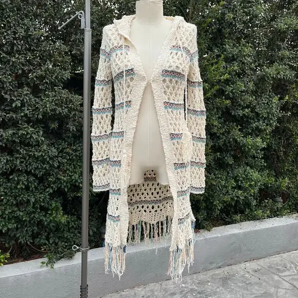 Free People Crochet Sunblock Cardigan Duster Sweater Bohemian Fringe Hippie - Picture 2 of 7
